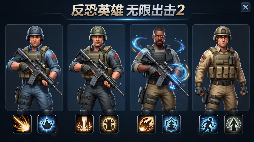 《反恐英雄无限出击2》角色选择界面,主体为多个不同职业的英雄立绘,布局为横向排列,每个角色下方显示技能图标,排版清晰,风格精美卡通写实,细节包括角色服装、武器、技能特效,画质高清,无多余元素