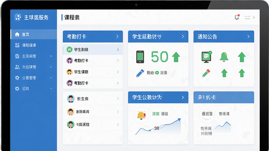 课后延时服务软件主界面预览图,展示课程列表、考勤打卡、通知公告三大核心模块,界面采用蓝白配色,扁平化设计,左侧导航栏清晰,右侧内容区展示学生考勤状态图标,整体布局简洁大方,干净无多余元素,画质高清,无文字水印