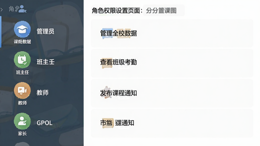 课后延时服务角色权限设置页面,展示管理员、班主任、教师、家长四种角色图标,各自下方列出可操作功能列表,如“管理全校数据”、“查看班级考勤”、“发布课程通知”等,界面采用分栏设计,左侧角色列表,右侧权限明细,整体风格清新素雅,无多余元素,画质干净