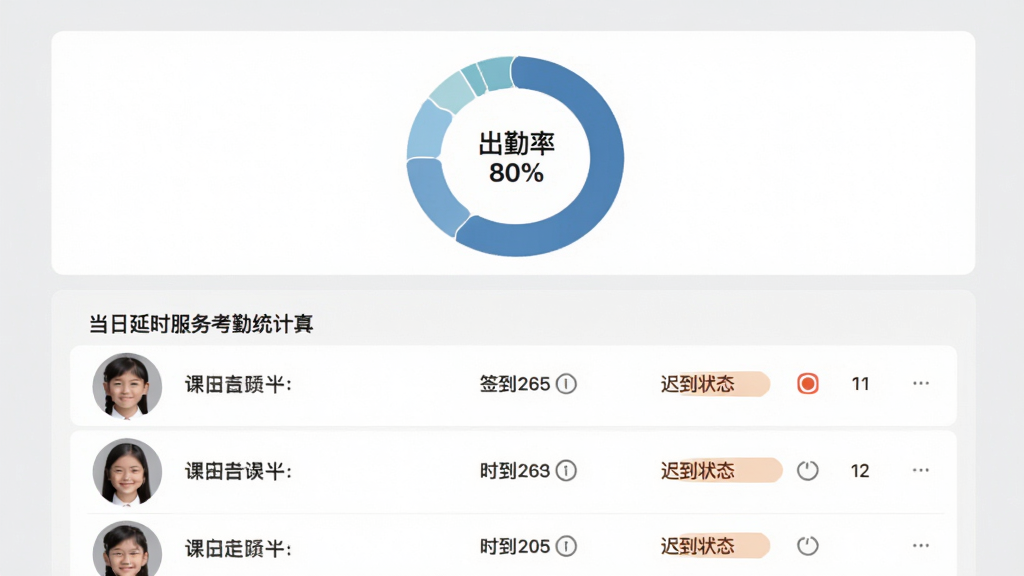 课后延时服务考勤统计界面,展示当日学生出勤情况列表,包含学生头像、签到时间、迟到状态标识,顶部有出勤率统计环形图,背景为浅灰色,卡片式布局,整体风格简约商务,干净无多余元素,文字清晰,画质高清
