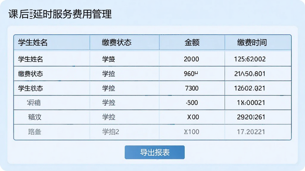 课后延时服务费用管理界面,展示账单列表,包含学生姓名、缴费状态、金额、缴费时间,底部有“导出报表”按钮,背景为浅蓝色,表格线条清晰,整体风格商务简约,干净无多余元素,画质高清