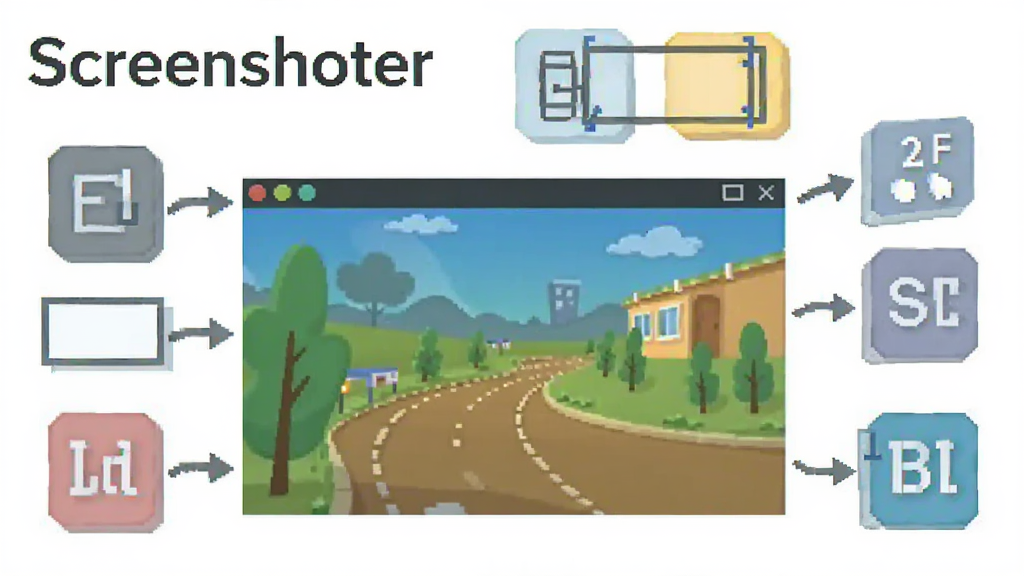 һ��չʾScreenshoter�༭���ܵĲ廭������������һ�Ž�ͼ����ͼ��Χ�м�ͷ�����κ����ֱ�ע����ͼ�꣬����Ϊ��ɫ���������ơ�Screenshoter�������Ͻ���ʾ������ƽ����ɫ�����������ʸɾ����޶���Ԫ��