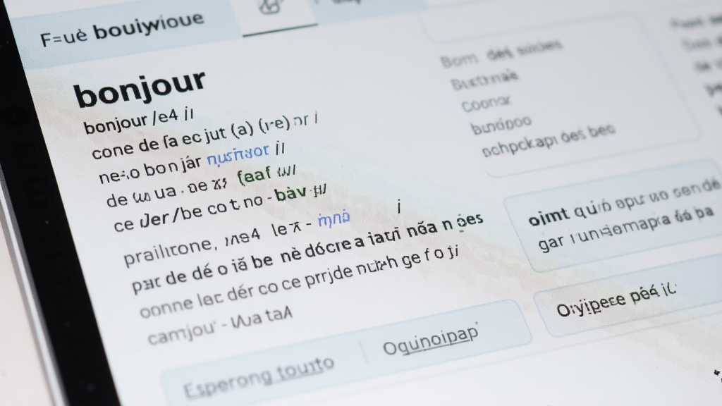 法语助手词典查询页面特写,展示单词“bonjour”的详细释义、音标、词性、例句及同义词区域,界面布局清晰,字体大小适中,配色柔和,风格简洁专业,画质高清,细节丰富,整体干净无杂乱元素