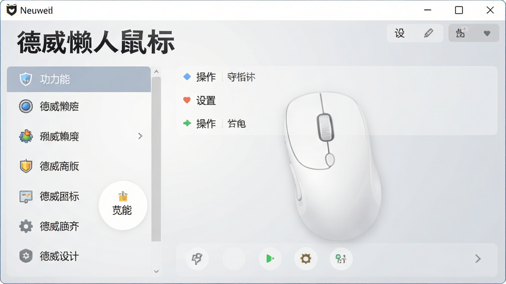 一张展示德威懒人鼠标主界面的高清截图,界面简洁明亮,左侧功能列表清晰可见,右侧为操作设置区域,背景为浅灰色渐变,整体风格现代,突出软件名称“德威懒人鼠标”字样,画质干净无多余元素