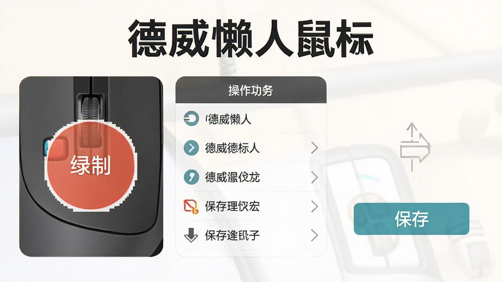 展示德威懒人鼠标宏录制功能操作流程的示意图,画面包含录制按钮、操作列表和保存选项,整体风格简洁明了,标注有“德威懒人鼠标”字样,画质清晰无杂物