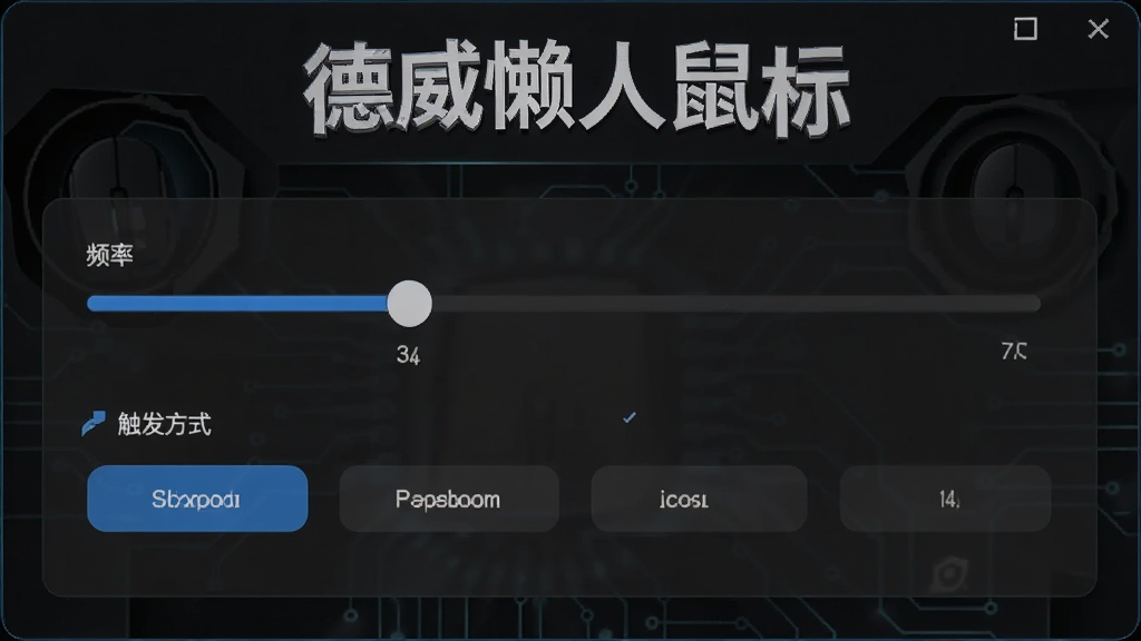 展示德威懒人鼠标连点设置界面的图片,界面中显示频率调节滑块和触发方式选项,背景为深色主题,突出“德威懒人鼠标”名称,界面布局清晰,风格科技感,画质纯净