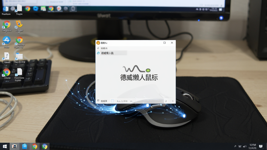 展示德威懒人鼠标运行时的桌面截图,画面上有鼠标连点轨迹特效,背景为电脑桌面,清晰显示“德威懒人鼠标”悬浮窗,整体风格写实,画质干净