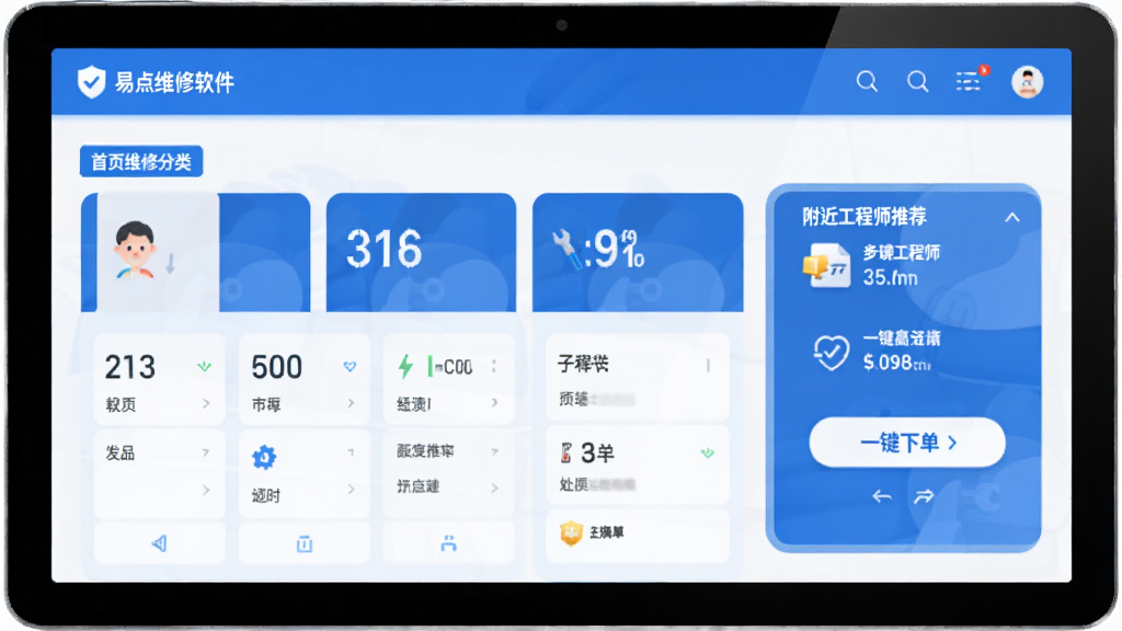 易点维修软件主界面预览图,展示首页维修分类、附近工程师推荐、一键下单按钮,界面采用蓝白主色调,扁平化设计,现代简约风格,高清画质,干净无多余元素