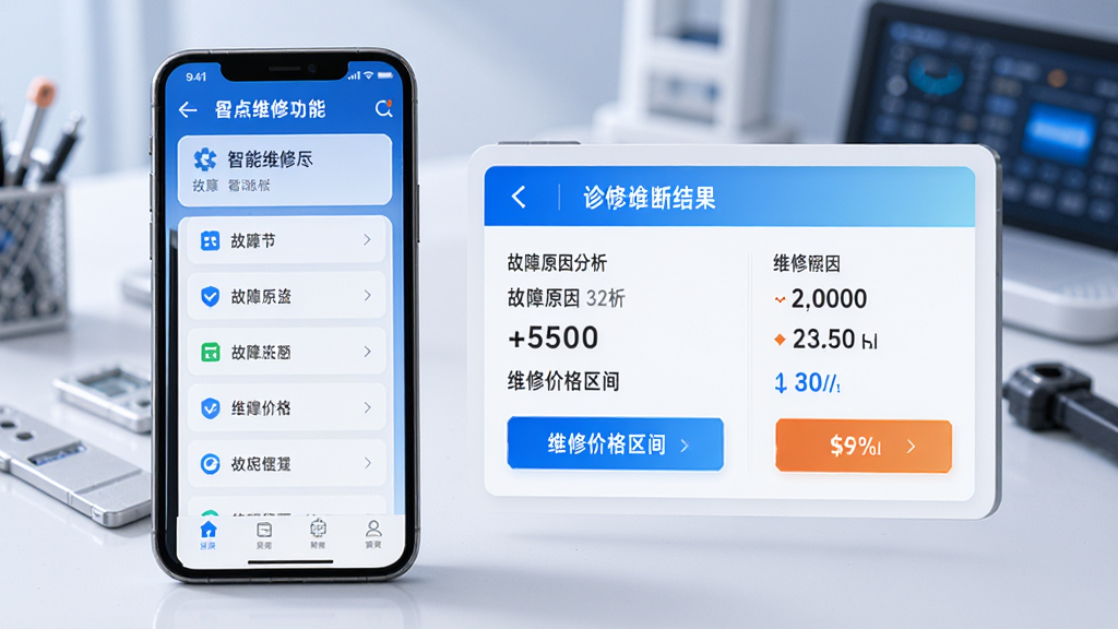 易点维修智能诊断功能界面,手机屏幕显示故障选项列表和诊断结果,包含故障原因分析、维修价格区间,界面清晰直观,科技感风格,高分辨率,整洁无杂乱