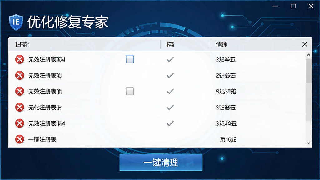 图像展示“IE优化修复专家”注册表清理功能界面,界面中显示扫描出的无效注册表项列表,每一项前带有红色叉号标记,下方有“一键清理”按钮,背景为深蓝色科技感背景,布局规整,风格专业,画质清晰。