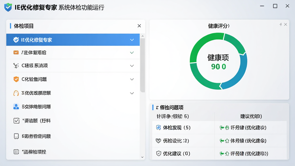 图中展示“IE优化修复专家”系统体检功能运行画面,左侧为体检项目列表,右侧为健康评分圆环,下方列出体检发现的问题项及优化建议,背景为浅灰色渐变,整体风格专业严谨,布局清晰,画质干净。