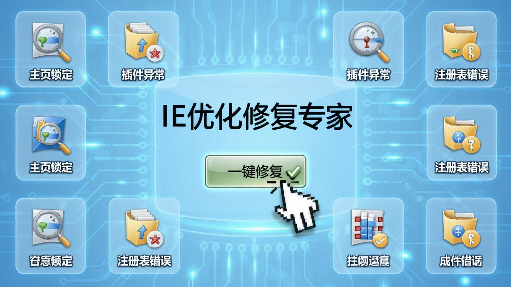 画面中央显示“IE优化修复专家”一键修复功能界面,鼠标点击“一键修复”按钮,周围环绕着扫描到的各类问题项图标,如主页锁定、插件异常、注册表错误等,背景为淡蓝色科技感光效,布局居中对称,风格简洁明了,画质清晰,无多余元素。