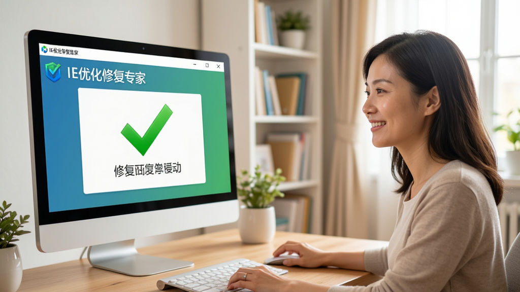 展示用户使用“IE优化修复专家”软件的场景,电脑屏幕上显示修复成功的绿色对勾,用户露出满意的笑容,背景为明亮的家庭书房环境,画面清晰,风格温馨自然,布局合理,画质干净。