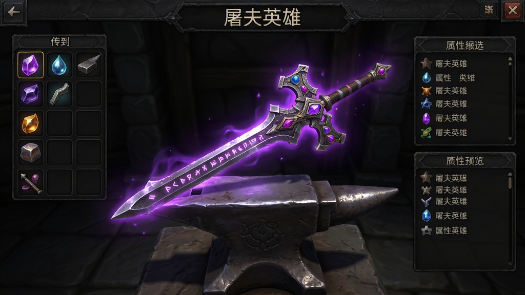装备锻造界面预览,主体为铁砧上散发着紫色光芒的传奇武器。布局上武器居中,周围环绕着材料栏与属性词缀面板。排版采用游戏UI风格,界面整洁清晰。风格为暗黑写实,细节展现武器上的铭文与宝石镶嵌,画质高清干净,无多余元素,画面中央显示“屠夫英雄”字样。