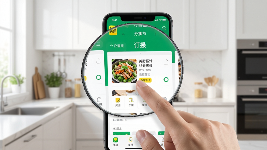 一张手机操作演示图,画面主体是一只手正在点击手机屏幕上的“美团外卖”App图标,手机屏幕放大展示出清晰的订餐流程页面,背景是干净明亮的现代厨房环境,构图清晰,排版聚焦于手机屏幕内容,风格写实,画质高清,干净无多余元素