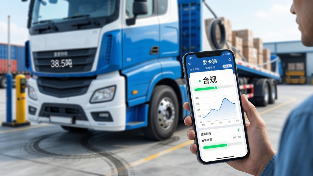 主体:一辆现代化挂车停在物流园地磅上,司机手持手机查看爱卡狮APP界面,界面显示实时称重数据与绿色“合规”状态。布局:前景为手机特写,屏幕清晰展示“爱卡狮”LOGO与重量曲线图,背景是挂车与堆满货物的场景,形成虚实结合。排版:手机屏幕内容居中,视觉焦点集中,背景适度虚化。风格:写实商业科技风,画面明亮通透,色彩以蓝白为主色调,突出专业与信赖感。细节:屏幕上的数字“38.5吨”与进度条高亮显示,货车轮胎与地面接触处有轻微压痕,体现重量感。画质:8K超高清,细节锐利,干净无多余元素。