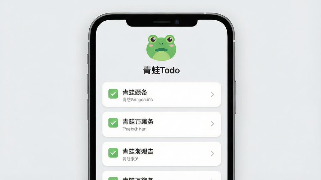 一幅现代扁平化风格的应用预览图,主视觉展示青蛙Todo的待办列表界面,顶部有绿色的青蛙吉祥物图标,界面布局清晰,任务项以卡片形式排列,背景为浅灰色,整体风格简洁明亮,画质干净,无多余元素,文字标签标注“青蛙Todo”