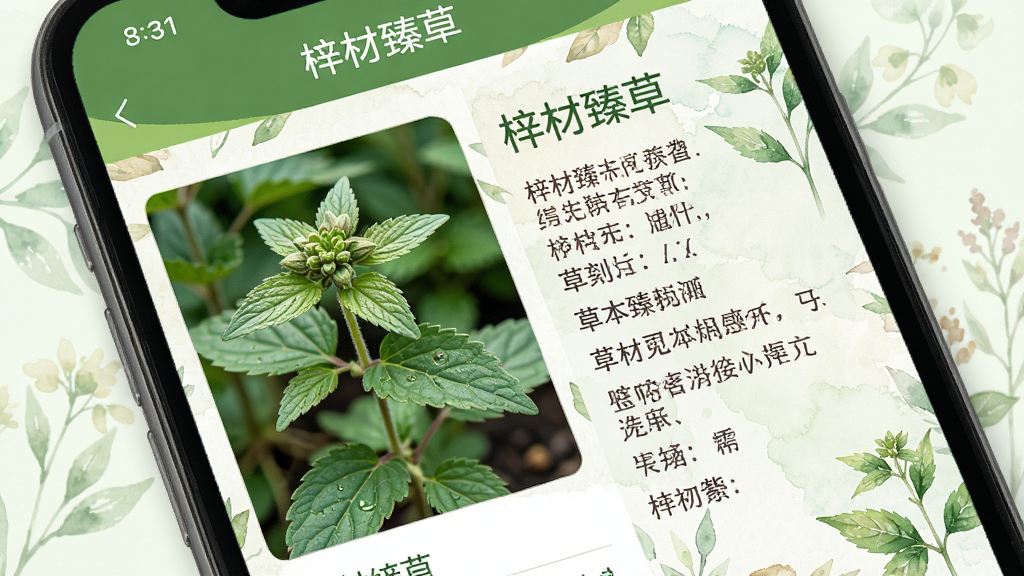 手机屏幕特写,显示“梓材臻草”软件中一个草本植物详情页,左侧是植物高清摄影图,右侧是滚动文字介绍其功效,背景为淡雅的水彩植物纹理,整体排版错落有致,风格清新自然,突出软件名“梓材臻草”和详实的内容
