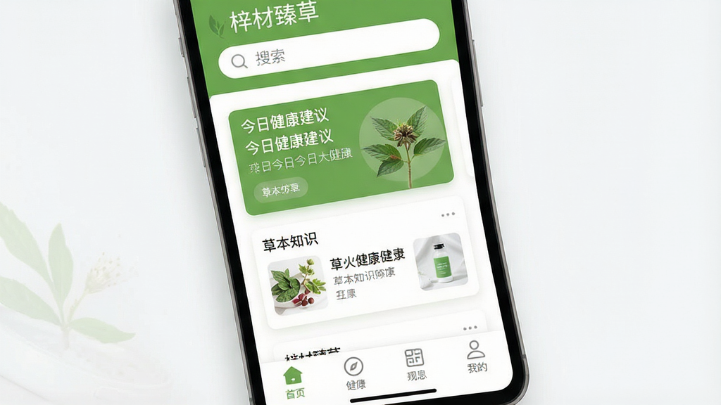 一幅现代简约风格的手机应用界面展示图,屏幕中显示“梓材臻草”软件主页面,上方是搜索栏,中间以卡片式布局呈现今日健康建议和草本知识条目,下方有四个导航图标,整体色调以清新的草绿色和白色为主,扁平化设计,界面干净整洁,画质高清,突出软件的名称“梓材臻草”和健康管理的主题