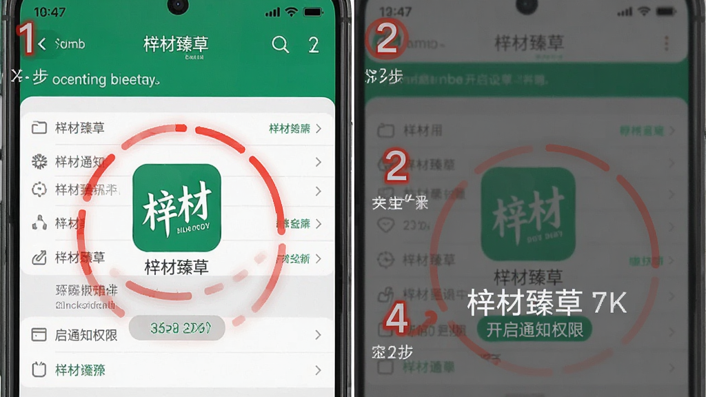 一张分步图解教程的图片,展示如何在手机设置中为“梓材臻草”应用开启通知权限,步骤以数字标出,背景为手机设置界面截图,重点区域用红色圆圈标注,画质清晰,强调操作步骤,文中包含软件名“梓材臻草”