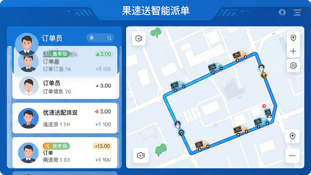 主体:智能派单系统界面截图,显示配送员头像、订单信息与路线规划。布局:左侧为订单列表,右侧为地图路线,上方有“果速送智能派单”字样。排版:信息层级分明,重点突出路线与订单状态。风格:科技蓝背景,现代简约,图标扁平化。细节:地图上显示多辆配送车图标与推荐路线,订单卡片带有优先级标识。画质:高清,干净,无多余元素。