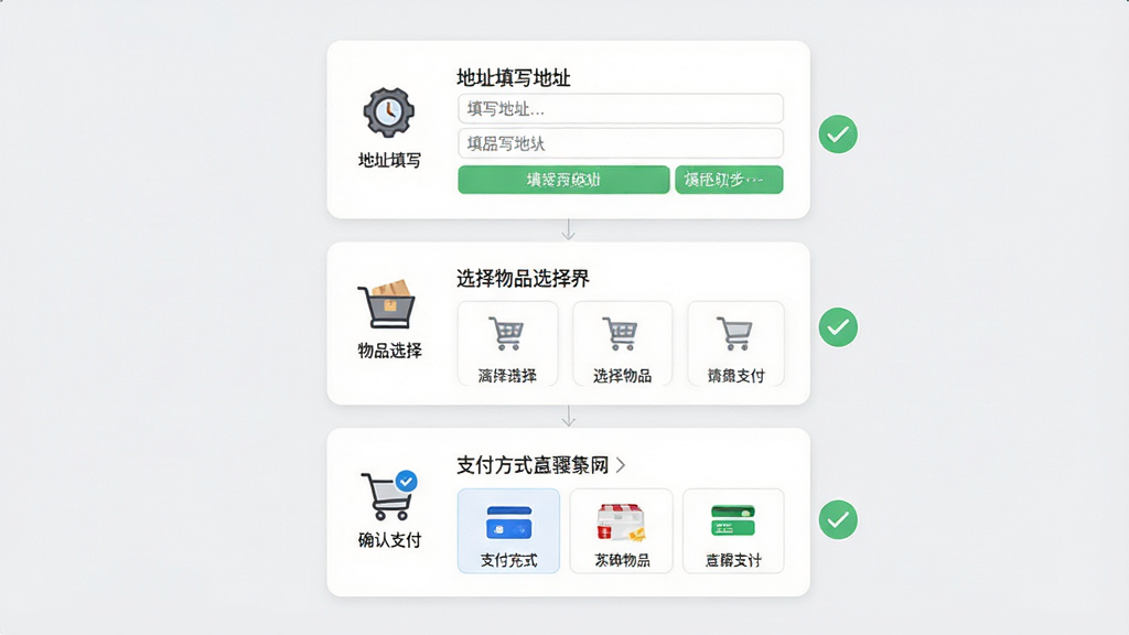 主体:下单页面操作流程,展示填写地址、选择物品、确认支付等步骤。布局:从上到下依次为地址填写、物品选择、支付方式,每个步骤配有小图标。排版:步骤清晰,带有绿色对勾表示已完成。风格:明亮简洁,背景为浅灰色,卡片式设计。细节:输入框有示例文字,支付方式图标清晰可辨。画质:高清,干净,无多余元素。