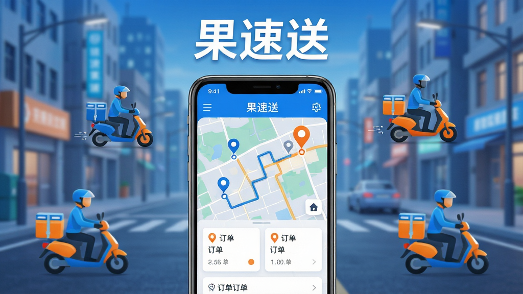 主体:果速送APP界面展示,手机屏幕显示配送地图与订单信息,背景为城市街道。布局:手机居中,周围有配送员骑电动车图标,上方有“果速送”字样。排版:简洁明了,突出软件名称与核心功能。风格:现代科技感,色彩明亮,蓝色与橙色为主色调。细节:地图上显示配送路线与起点终点标记,订单卡片清晰可见。画质:高清,干净,无多余元素。