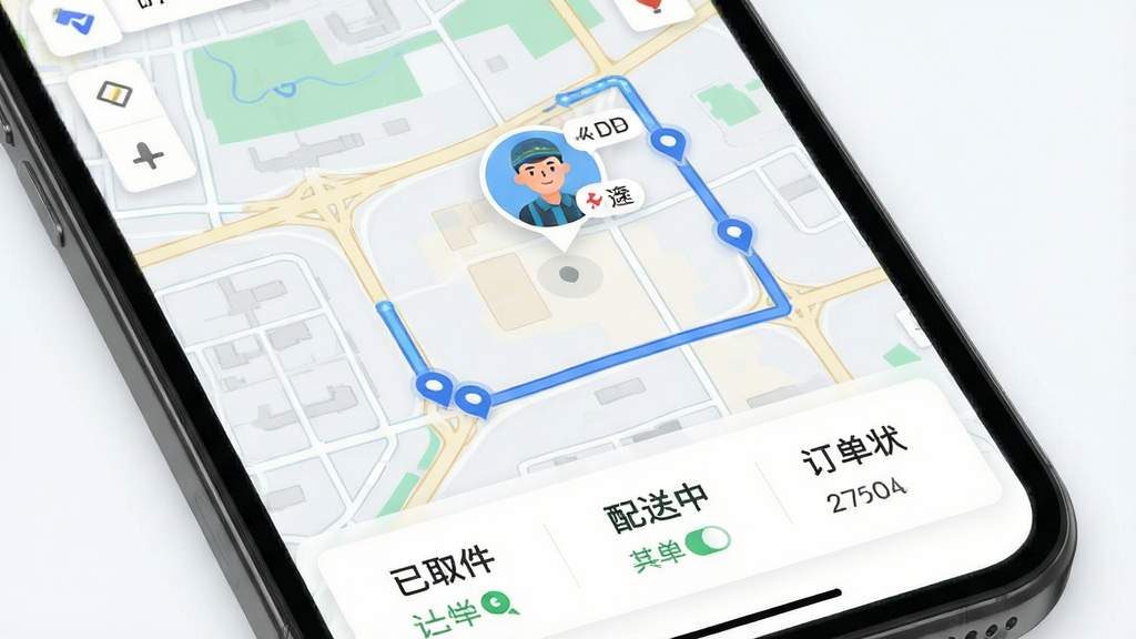 主体:手机端轨迹追踪页面,显示配送员实时位置与配送路线,底部有订单状态卡片。布局:地图占满屏幕,配送员头像浮动在地图上,底部卡片显示“已取件”“配送中”等状态。排版:简洁直观,信息一目了然。风格:清新自然,地图采用高德样式,配色柔和。细节:路线用蓝色线条标注,配送员头像带有速度标识。画质:高清,干净,无多余元素。