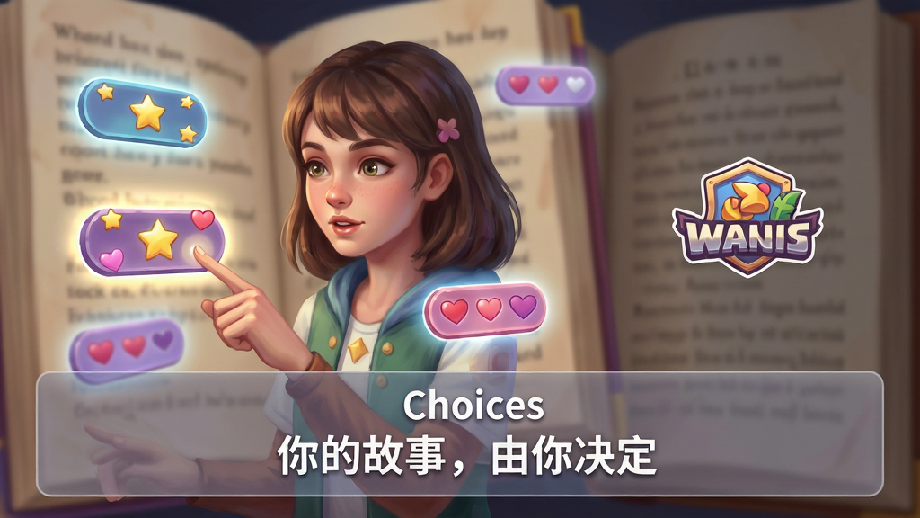 主体:一位年轻女性角色站在故事书页构成的奇幻场景中,周围漂浮着发光的选项按钮,她正用手指触碰其中一个按钮。布局:角色居中偏左,右侧留白放置游戏标志和选项图标。排版:画面下方三分之一处有半透明面板,上面显示