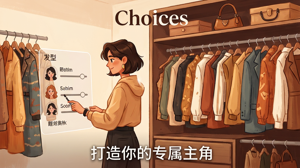 主体:一位角色在衣橱前挑选服装,衣橱中挂满各种风格的衣物和配饰。布局:角色位于画面中央稍偏左,衣橱占据右侧三分之二。排版:画面顶部中央有
