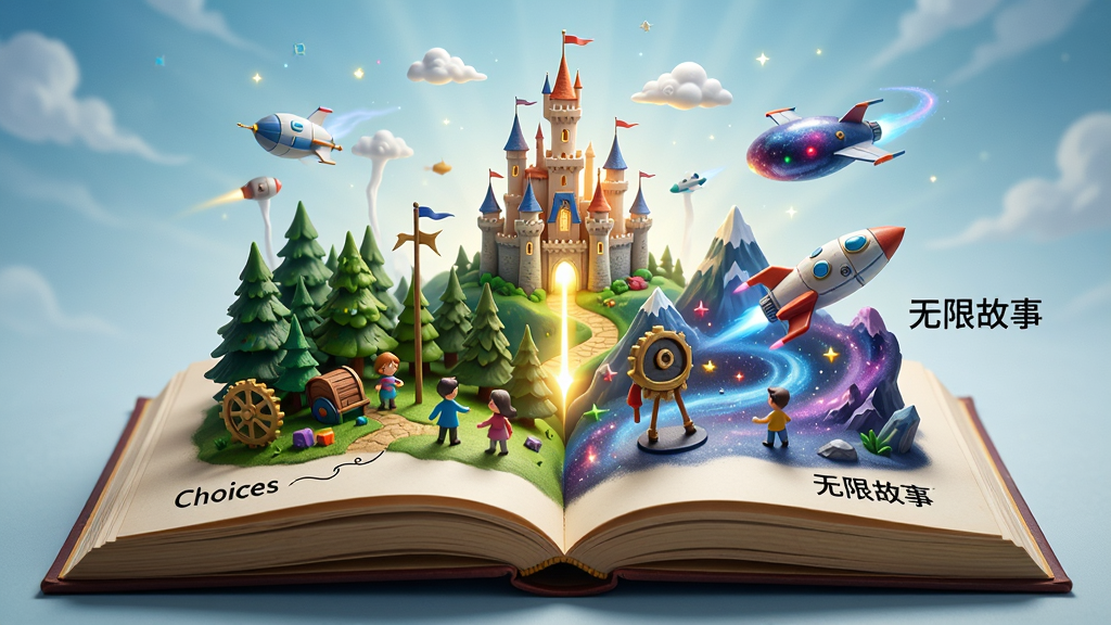 主体:一个打开的故事书,书页中浮现出城堡、森林、宇宙飞船等不同场景的微缩模型。布局:书籍居中,微缩场景从书页中向上延伸,形成立体层次。排版:书页左侧有