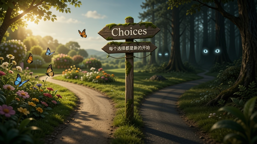 主体:一条分叉的道路,左边是阳光明媚的花园,右边是阴暗的森林,中间有一个路标指向两边。布局:道路从画面底部中央延伸至远处,分叉点位于画面中央偏上。排版:路标上写着