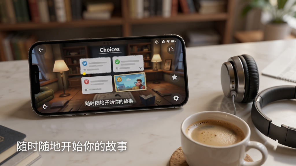 主体:一部智能手机横屏显示游戏界面,旁边放着一杯咖啡和一副耳机。布局:手机居中偏左,咖啡和耳机位于右下角。排版:手机屏幕上有