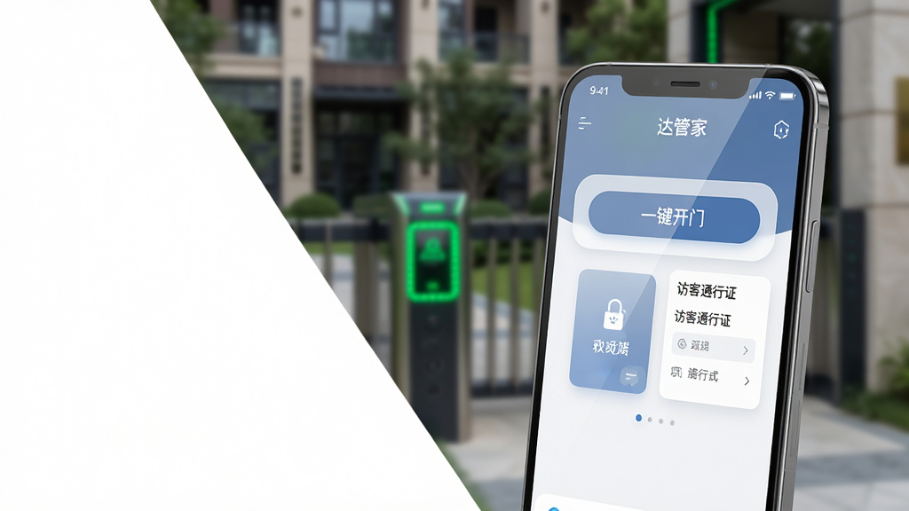 主体:一部亮屏的智能手机,屏幕清晰显示“达管家”APP主界面,界面风格简约现代,背景是虚化的现代化小区大门。布局:手机位于画面中央偏右,左侧留白,整体呈对角线构图。排版:界面中突出显示“一键开门”虚拟按钮和“访客通行证”功能卡片。风格:写实风格结合轻微产品渲染感。细节:手机屏幕反射出柔和的光线,背景门禁识别区有绿色指示灯亮起。画质:4K高清,干净,无多余元素。