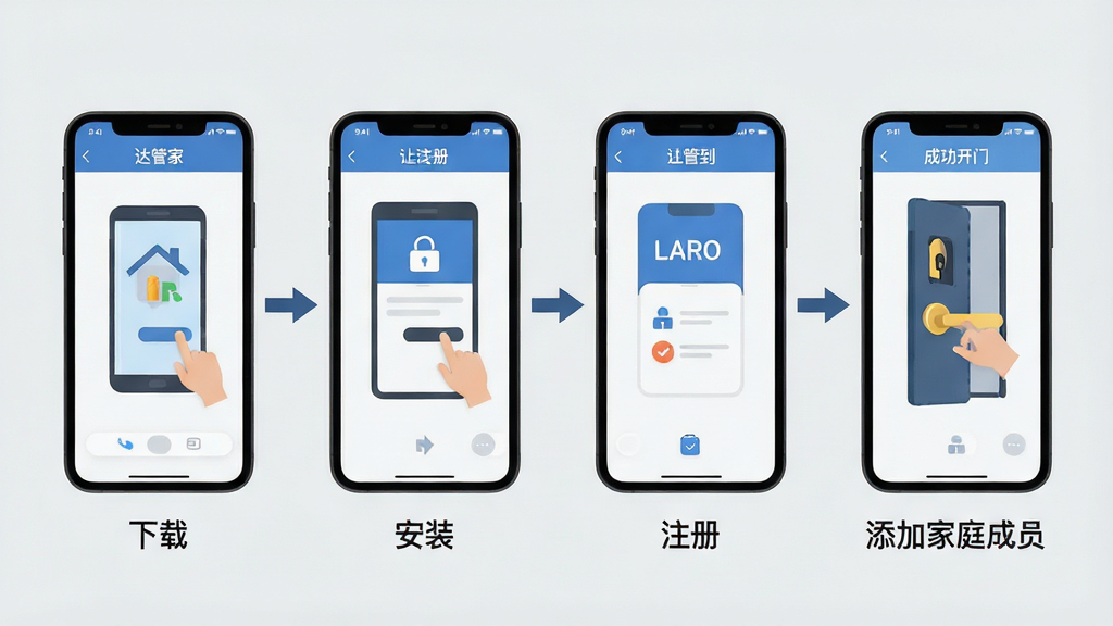 主体:一张简洁的流程图,展示“达管家”APP从下载、安装、注册到添加家庭成员并成功开门的四个步骤。布局:四张手机屏幕截图以横向排列,用箭头连接。排版:每张截图下方配有简短的文字说明。风格:扁平化信息图风格,背景为浅灰色。细节:流程图整体清晰明了,步骤指示明确。画质:高清晰度,干净,无多余元素。
