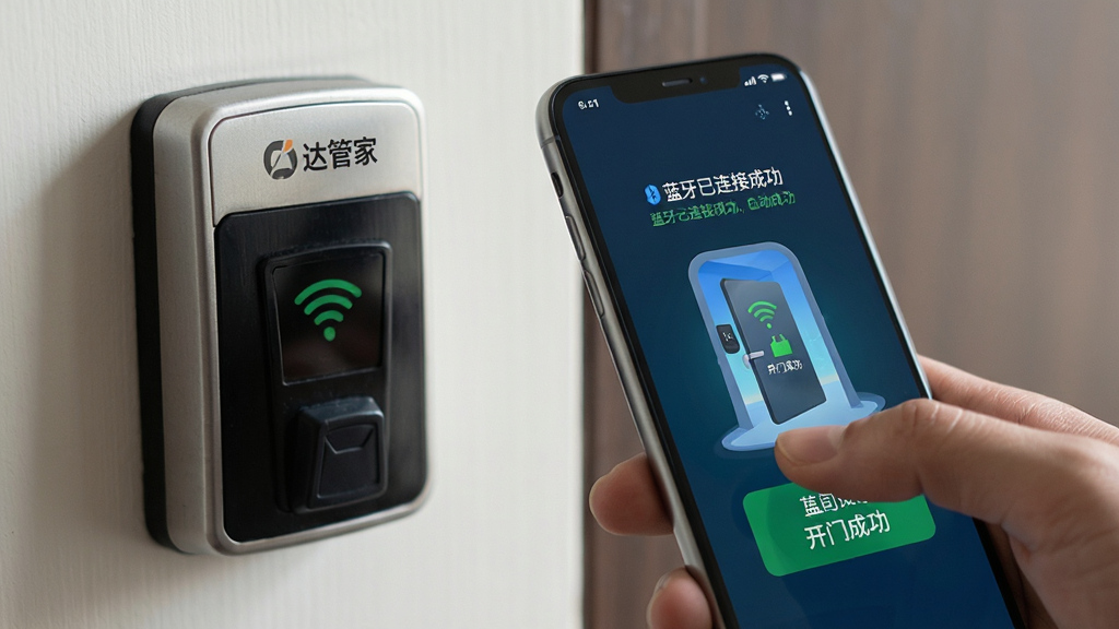 主体:一只手握着手机靠近墙面上的门禁读卡器,手机屏幕显示“达管家”蓝牙连接成功并自动开门的动画效果。布局:特写镜头,门禁读卡器在画面左侧,手机在右侧。排版:手机屏幕上有“蓝牙已连接”和“开门成功”的绿色提示文字。风格:写实摄影风格,浅景深。细节:门禁读卡器上有品牌logo,手指自然点击屏幕。画质:高分辨率,干净,无多余元素。