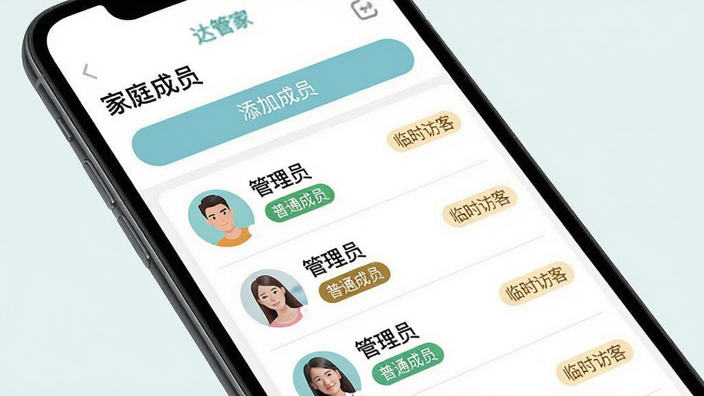 主体:手机屏幕展示“达管家”的家庭成员管理界面,列表中有家庭成员的头像和权限标签。布局:手机全屏展示,界面UI占据主画面。排版:界面顶部有“家庭成员”标题,下方有“添加成员”按钮,成员列表清晰排列。风格:扁平化UI设计风格,色彩清新。细节:每个成员头像旁有“管理员”、“普通成员”、“临时访客”等不同标签。画质:清晰锐利,干净,无多余元素。