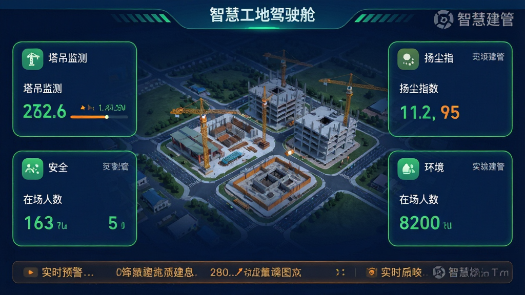 主体:智慧建管“智慧工地驾驶舱”功能界面,展示工地鸟瞰图与数据面板;布局:中央为工地3D模型,周围环绕进度、安全、环境等数据卡片,底部有实时预警滚动条;排版:信息层级分明,数据卡片采用圆角设计,每个卡片左上角有对应图标;风格:科技感UI设计,深蓝背景搭配荧光绿与橙色高亮,线条流畅;细节:卡片上显示“塔吊监测”、“扬尘指数”、“在场人数”等文字标签,右上角有“智慧建管”水印;画质:高分辨率,画面干净,无多余元素,突出数据可视化效果。