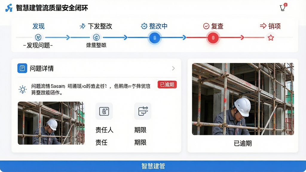 主体:智慧建管“质量安全闭环”操作界面,展示一条完整的整改流程;布局:顶部为流程步骤条(发现问题-下发整改-整改中-复查-销项),下方为问题详情卡片,右侧有现场拍照示例图;排版:步骤条以彩色节点连接,当前步骤高亮显示,问题卡片包含描述、图片、责任人与期限;风格:简洁商务风,白色背景搭配蓝色与红色点缀,图标线条简洁;细节:照片示例为施工现场脚手架隐患,卡片上标注“已逾期”红色标签,底部有“智慧建管”字样;画质:清晰锐利,无多余元素,适合展示软件功能流程。