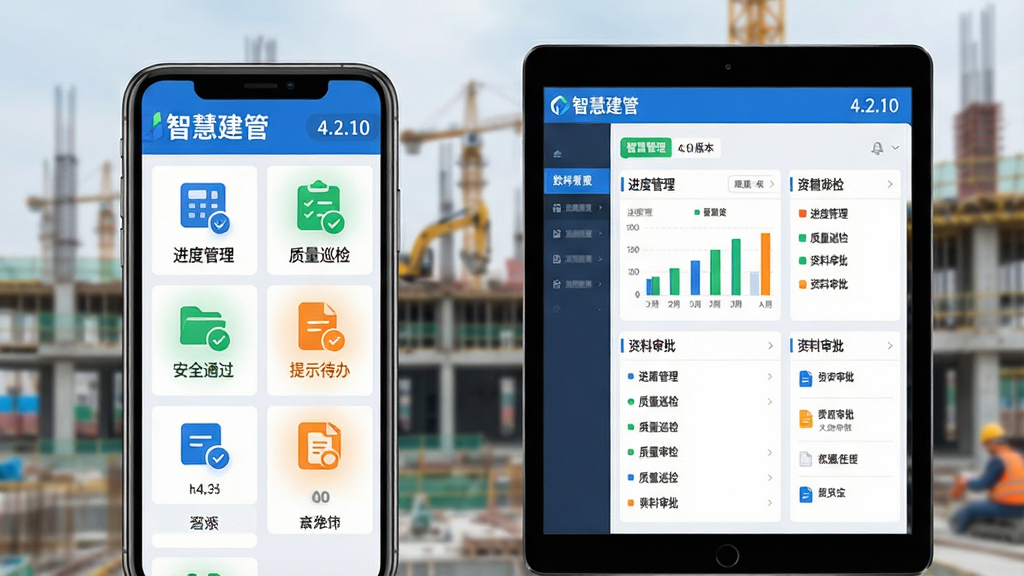 主体:智慧建管软件界面展示,手机与平板并排显示,屏幕中呈现工程进度图表与质量巡检任务列表;布局:左侧手机为主界面,右侧平板展示数据看板,形成对比;排版:界面图标清晰,功能模块按网格排列,顶部显示“智慧建管”Logo与“4.2.10”版本号;风格:现代扁平化设计,以蓝色和白色为主色调,辅以绿色表示安全通过、橙色提示待办;细节:屏幕中可看到“进度管理”、“质量巡检”、“资料审批”等中文标签,背景为简洁的工程现场模糊图;画质:超高清渲染,干净无多余元素,无杂物遮挡,适合作为软件官方宣传图。