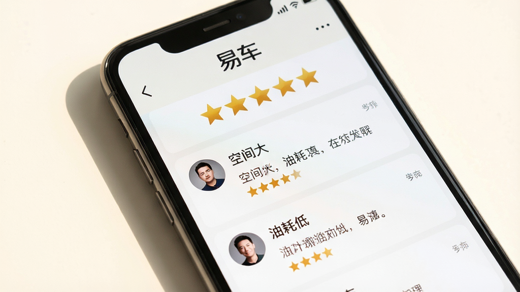 主体:手机屏幕展示易车APP的车主口碑评论界面,屏幕内显示五星评分条和车主头像,以及“易车”品牌标识;布局:手机略微倾斜,屏幕占据主要视觉区域,背景为暖白色;排版:手机占75%,周围有柔和阴影;风格:亲切自然,社区氛围;细节:评论内容包含“空间大”、“油耗低”等文字,评分星星为金色;画质:清晰,干净,无多余元素。