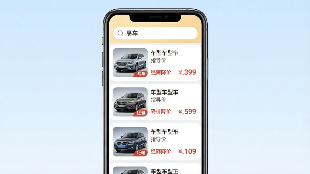主体:智能手机屏幕展示易车APP的车型报价列表页面,屏幕内显示多款汽车图片及价格标签,顶部搜索框有“易车”字样;布局:手机居中,屏幕内容清晰可辨,背景为淡蓝色渐变;排版:手机占画面80%,四周留白;风格:清爽简洁,适合应用截图展示;细节:列表行内显示车型名称、指导价、经销商降价幅度红色字体,界面图标圆润;画质:高清,干净,无多余元素。