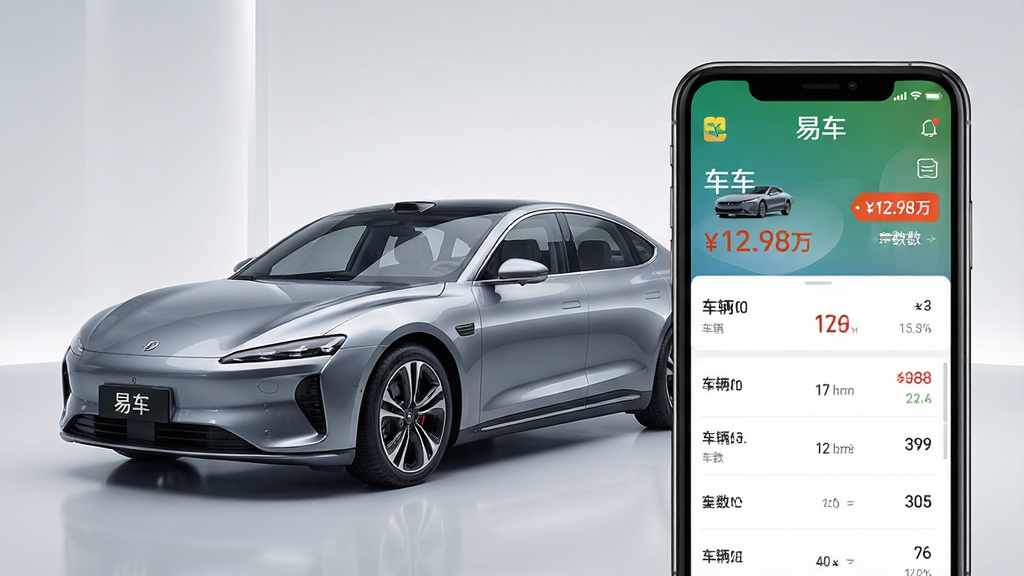 主体:一辆流线型现代轿车与智能手机屏幕中的易车APP界面叠加展示,屏幕内显示车辆价格与参数列表;布局:左侧为汽车实拍图,右侧为手机界面特写,背景为简洁的浅灰色渐变;排版:汽车占画面60%,手机占30%,留白10%;风格:科技感与现代感结合,明亮通透;细节:手机屏幕上有“易车”字样及车辆价格标签“¥12.98万”,车身反光质感清晰;画质:8K超高清,细节丰富,干净,无多余元素。