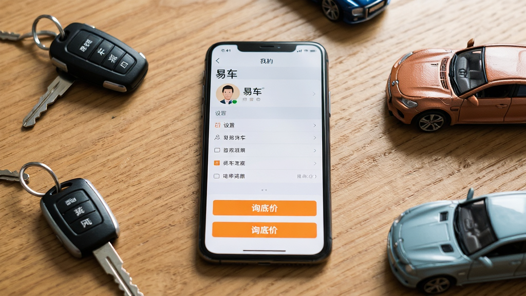 主体:一部智能手机放置在桌面上,屏幕显示易车APP的“我的”页面,包含头像、设置菜单,桌面背景为木纹;布局:手机居中,周围散落车钥匙和汽车模型;排版:手机占60%,周围物体占30%;风格:生活化场景,自然光;细节:屏幕上有“易车”字样和“询底价”按钮,汽车模型质感真实;画质:高清,干净,无多余元素。