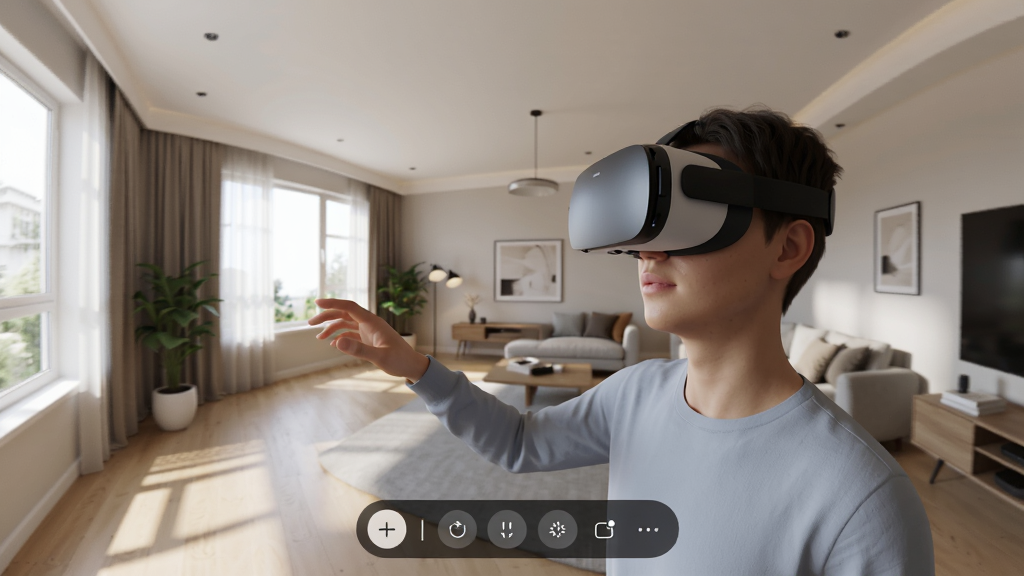 众趣VR沉浸式体验场景,用户佩戴VR眼镜观看全景画面,四周是虚拟的室内空间,光线自然,视角随头部转动而变化,界面底部显示控制条,画面细腻逼真,干净无多余元素