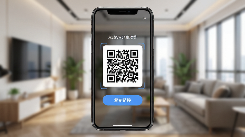 众趣VR分享功能示意图,手机屏幕显示生成二维码的过程,背景为模糊的室内全景,二维码位于中央,周围有“分享到微信”“复制链接”按钮,界面清新,干净无多余元素