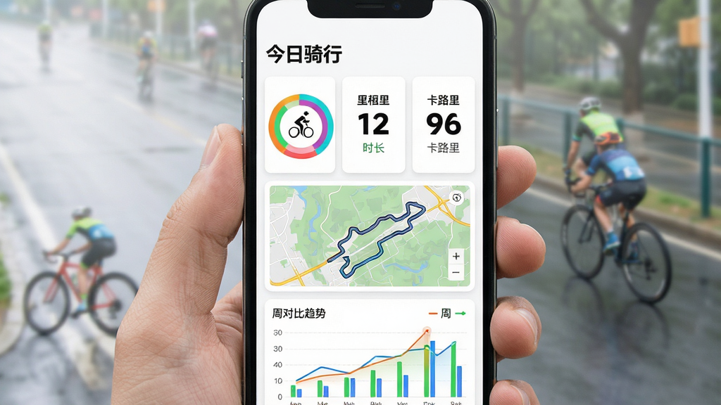 主体:手机屏幕展示骑行数据统计页面,有环形图表和柱状图。布局:数据卡片竖向排列,顶部有“今日骑行”标题,中间是里程、时长、卡路里三个大数字。排版:数字字体加粗,图表颜色鲜艳。风格:数据可视化,简洁专业。细节:轨迹地图缩略图显示骑行路径,下方有周对比趋势线。画质:高清,干净,无多余元素。