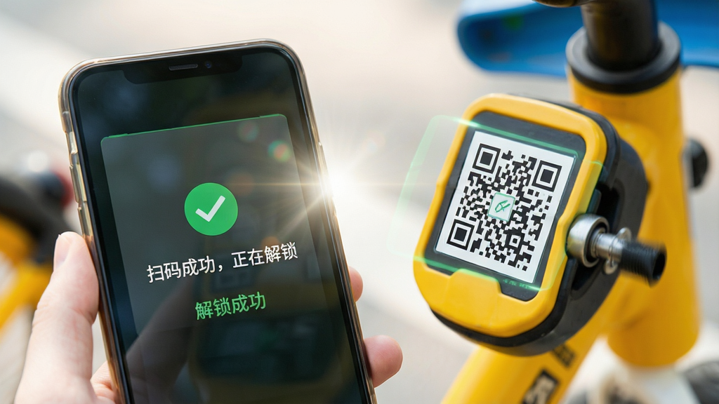 主体:手机扫描共享单车二维码的近距离特写,屏幕显示“扫码成功,正在解锁”提示。布局:手机位于画面左侧,右侧是一辆黄色共享单车的车锁部位,二维码清晰可见。排版:屏幕上有绿色对勾图标和“解锁成功”字样。风格:写实风格,光线明亮,背景虚化。细节:手机镜头对准二维码,周围有轻微的光效,车锁弹开瞬间。画质:高清,干净,无多余元素。