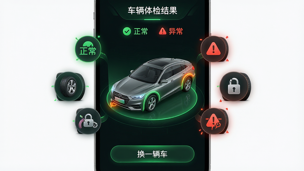 主体:手机界面显示车辆体检结果,以绿色“正常”和红色“异常”图标列出多项检测项目。布局:车辆3D模型在屏幕中央,周围环绕检测项图标。排版:检测结果简洁明了,底部有“换一辆车”按钮。风格:科技感,深色背景搭配绿色光效。细节:轮胎、车锁、刹车等部位高亮显示,异常项闪烁警告。画质:高清,干净,无多余元素。
