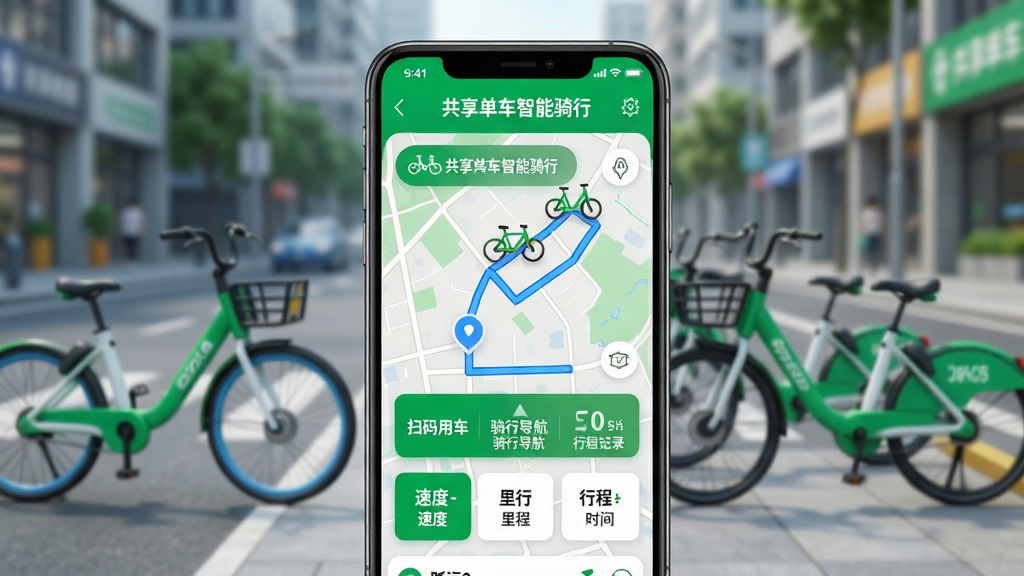 主体:一款智能手机屏幕展示“共享单车智能骑行”应用主界面,界面有地图导航、单车图标、骑行数据卡片。布局:手机居中,屏幕朝前,周围有模糊的城市街道背景,几辆共享单车停放路边。排版:界面清晰显示“共享单车智能骑行”字样,下方有“扫码用车”“骑行导航”“行程记录”三个按钮。风格:现代科技感,色彩明亮,绿色主色调。细节:地图上显示蓝色推荐路线,单车图标带有定位标记,数据卡片展示速度、里程、时间。画质:高清渲染,干净,无多余元素。
